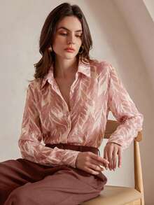 Anewsta 复古优雅树影植物叶子热带印花雪纺薄纱宽松长袖女式衬衫 - 藕粉色 - 查看 3