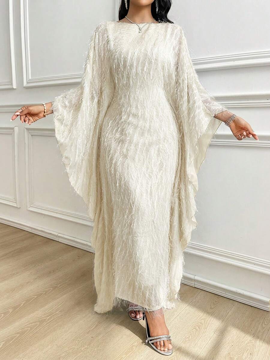 Al Najma Women's Solid Color Boat Neck Flare Sleeve Tassel Design Arabic Style Dress Kaftan Jalabiya Dress - Apricot - View 1