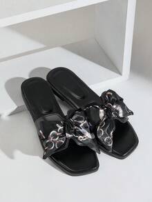SHUZIA Women's Elegant Ribbon Decoration Slip On Flat Sandals - Black - View 7