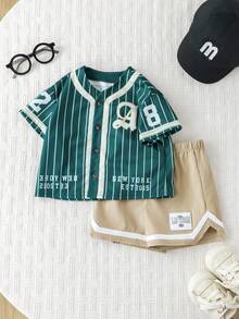 SHEIN 2件套男女宝宝绿色棒球夹克短袖针织衫短裤套装，运动服，春夏宝宝男童服装 - 綠色 - 查看 8