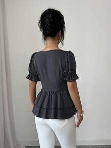 Elenzga 女士黑白条纹方领荷叶边下摆短袖衬衫 - 黑與白 - 查看 2