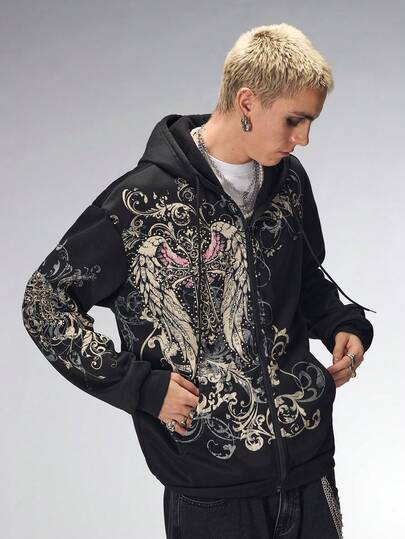 Goth Men's Cross And Wing Print Hooded Zip-Up Long Sleeve Sweatshirt