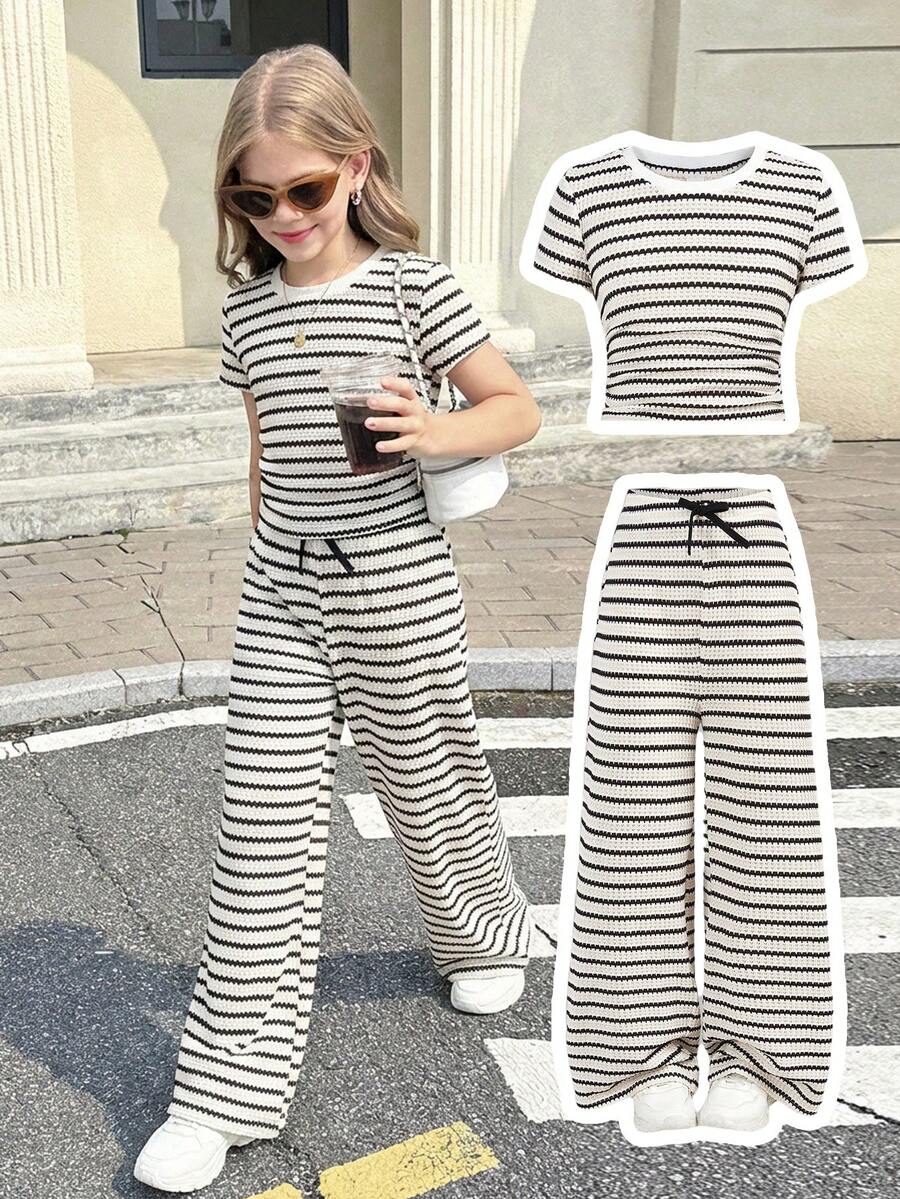 SHEIN Tween Girl 2pcs/Set Girl Knit Striped Round Neck Casual T-Shirt & Fitted Long Pants Outfit Girls Lounge Set Two Pieces Pants Set Kids Summer Lounge Set Tweens Two Pieces Pants Set Kids Tween Girl Clothes Pants Set Tween Matching Set Knit Girls Co Ord Set School Tops Teen Girls Striped Two Piece Two Piece Maxi Set For Girls Young Girls Casual Versatile A Effect Jumpsuit Pant