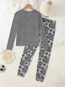 2pcs/Set Men's Youth Football Textured Print Crew Neck Long Sleeve Top Paired With Textured Football All-Over Print Leggings, Knit Fabric, Comfortable Stretchy Slim Fit Loungewear Set - Grey - View 2