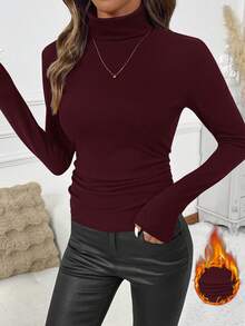 SHEIN Clasi Women's Turtleneck Fitted Ruched Thermal Long Sleeve T-Shirt - Burgundy - View 8
