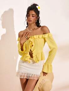 Bellisia Blusa de unicolor con hombros descubiertos, manga larga y ribete de volantes, adecuada para citas y uso diario