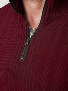 Manfinity CasualCool Áo thun dài tay có khóa kéo, màu trơn, kiểu dáng tối giản, dành cho nam giới cỡ lớn - Màu Đỏ Sâu - Xem 5