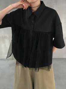 FRIFUL Women's Summer Solid Color Layered Pleated Ruffle Splice Sheer Mesh Loose Casual Versatile Blouse - Black - View 6