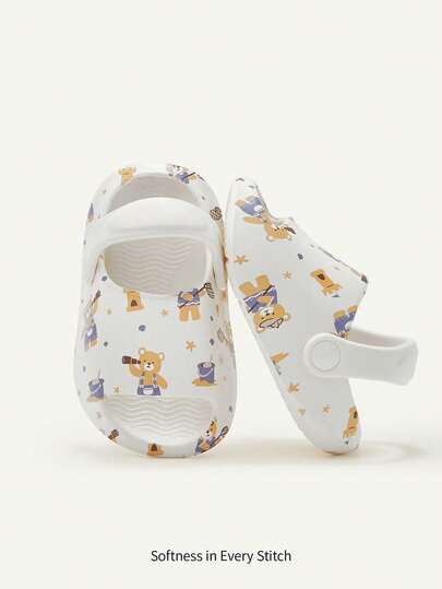 Cozy Pixies 1 Pair Breathable Open Toe Cute Bear One-Piece Slip-On Hollow Sandals, Non-Slip Flat Baby Beach Shoes, Summer