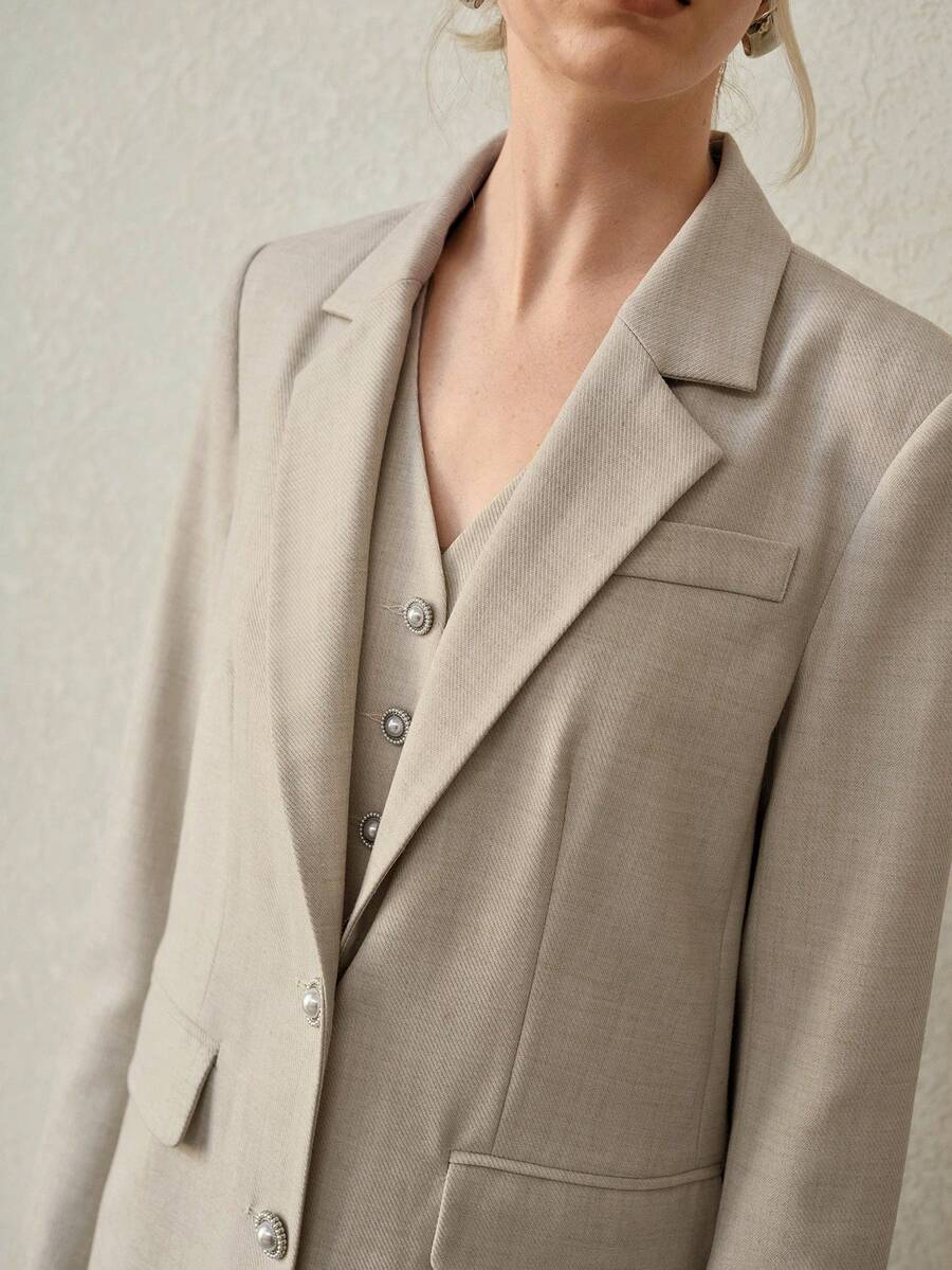 SHEIN X Scot Louie MOTF PREMIUM WOMEN'S FASHIONABLE MINIMALIST VERSATILE OATMEAL COLOR OFFICE/COMMUTE BLAZER - Apricot - View 2