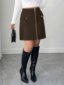 SHEIN Tall CURVE Falda A-Line minimalista con cremallera de unicolor talla grande - Café integral - Ver 3