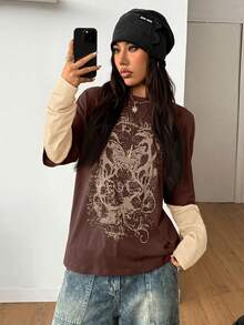 Coolane 女士秋冬街头休闲嬉皮学院风朋克哥特风纯棉印花宽松长袖T恤 - 杏色 - 查看 6