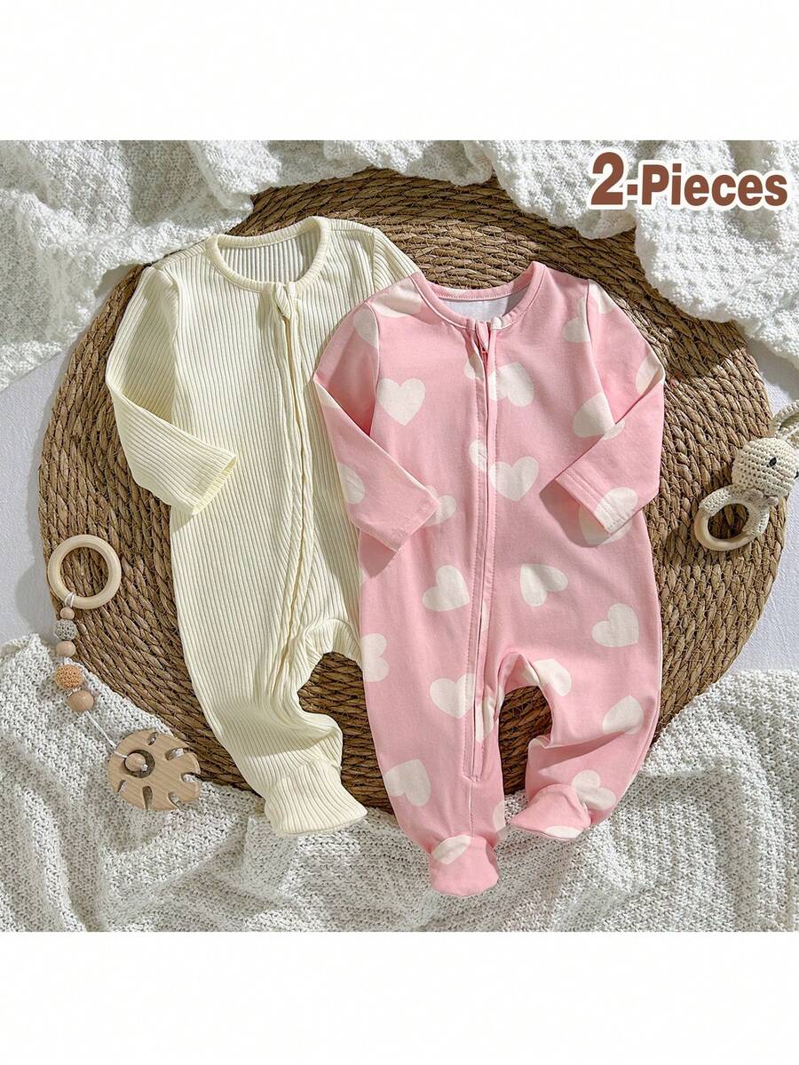 Loomiva Conjunto de 2 piezas de pelele de cuello redondo de manga larga con estampado de corazón de franela gruesa para bebé recién nacida - Multicolor - Ver 1
