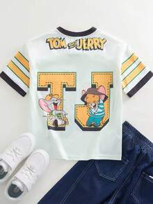 TOM & JERRY X SHEIN Tween Boy Casual Daily Commute Fashion Street Cute Cartoon Letter Graphic Contrast V-Neck Short Sleeve T-Shirt, Summer - Green - View 2