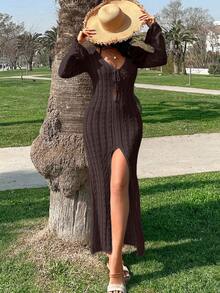 EURMUSE Women Tie Front Slit Hem Cover-Up Crochet Knit Dress - Brown - View 7