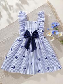 SHEIN Vintaside Kids 女童蓝白条纹方领荷叶袖连衣裙，饰有3D蝴蝶结，蝴蝶结印花，宽松版型，甜美法式公主裙，夏季 - 寶藍色 - 查看 4
