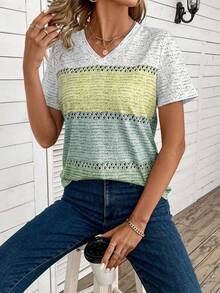 EMERY ROSE V-Neck Color Block Short Sleeve T-Shirt Graphic Tees Women Tops - Multicolor - View 3