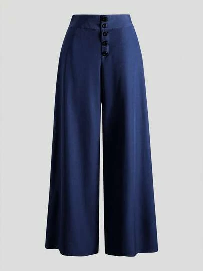 GlowEve CURVE Plus Size Women's Button Fly Flare Leg Pants, Navy Blue, Slimming, Suitable For Commute, Office, Graduation, Holidays, Valentine's Day, Music Festivals, Mother's Day, Halloween, Thanksgiving, Easter, National Day, Dances, Dates, Parties, Weddings, Outdoor Activities