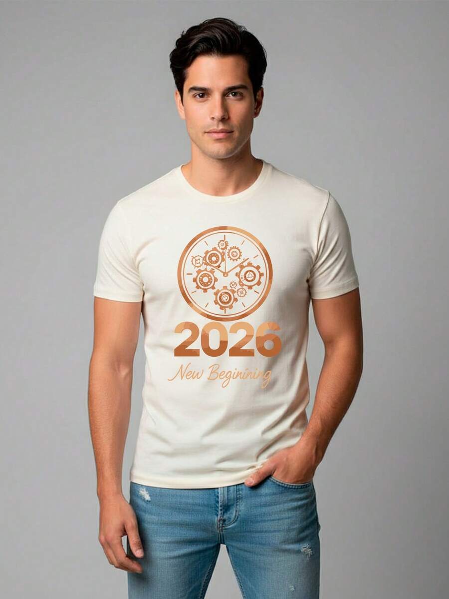 Shendy Vendy Men's 100% Cotton T-Shirt With Round Neck And Short Sleeves, Ideal For The Holiday Season And New Year's Celebrations 2025 2026 - 香檳色 - 查看 1
