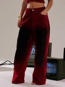 Denimoi Washed Denim Velvet Affect Straight Leg Baggy Jeans - Burgundy - View 2