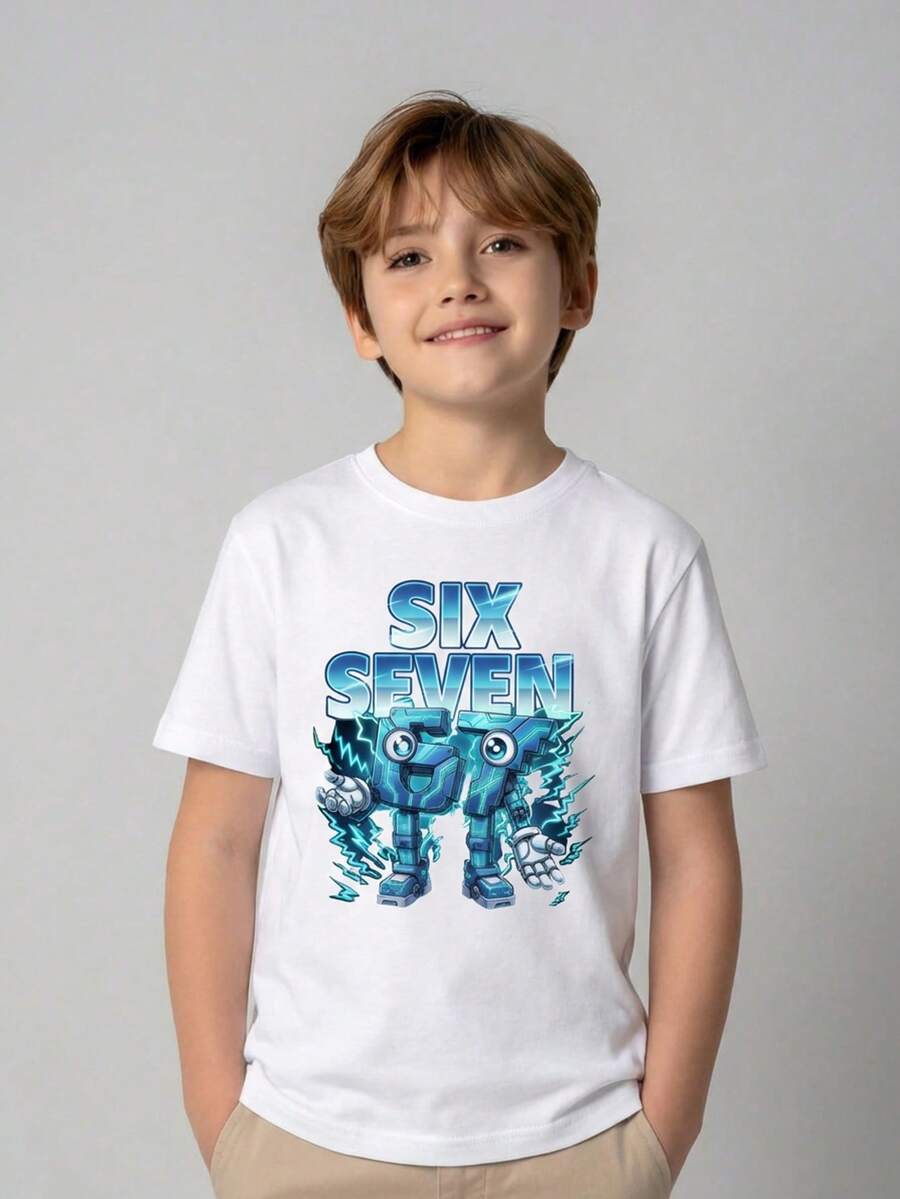 Playera para niño estilo urbano con estampado de números caricatura algodón suave corte holgado manga corta verano uso escolar y al aire libre playera - Blanco - Ver 1