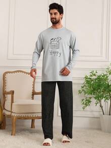 DAZY Áo phông in chữ màu xám phối cùng bộ đồ mặc nhà dành cho nam, mùa xuân/thu. - Xám - Xem 7