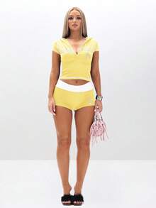 BABYPHAT Fold Over Waist Booty Shorts Summer Festival High Waisted Hot Pants Beach Shorts , Yellow Bottoms Booty Shorts , Yellow Shorts Spandex Short - Light Yellow - View 3