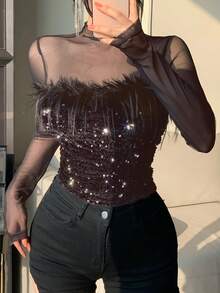 DAZY 春季新款透视网纱拼接纹理派对风女式T恤，Y2K风格 - 棕色 - 查看 3