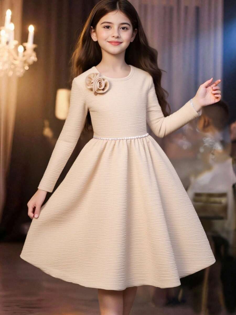 Glamorique Kids Váy dạ hội thanh lịch cho bé gái, cổ tròn đính cườm hoa 3D trang phục Giáng sinh và Halloween, màu đỏ - Rượu sâm banh - Xem 1