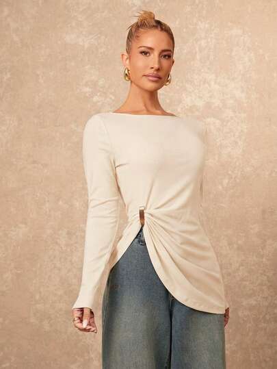 Lumalex Women's Solid Color Boat Neck Long Sleeve Pleated Fashion T-Shirt