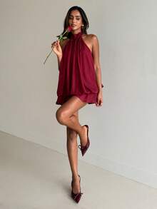 Aloruh Walentynki - Różowe satynowe szorty mini z falbanką w kontrastowym kolorze, codzienne, jednokolorowe, do noszenia w domu - Czerwony - Zobacz 6