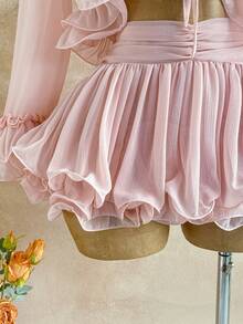 Soleia Casual Vacation Western Beach Wedding Guest Attire, Graduation Brunch, St. Patrick's Day, Spring Break, Easter, Music Festival Elegant Bohemian Tropical Ruffle Tie Front Cardigan And Pink Mini Skirt 2 Pieces Set For Women - Pink - View 4