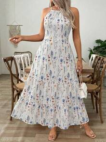 EMERY ROSE Plus Size Women's Sexy Floral Print Backless Tie-Knot Waist Slip Dress, Vacation Style - Multicolor - View 6