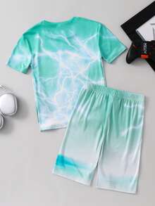 SHEIN Bộ đồ ngủ 2 món cho bé trai/thiếu niên, kiểu dáng thường ngày, đa năng, thoải mái, in họa tiết, gồm áo tay ngắn cổ tròn dáng rộng và quần short dệt kim ôm sát. - màu xanh lá - Xem 2