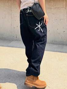 DAZY Men's Letter Print Navy Blue Blue Denim Jeans, Spring - Blue - View 3