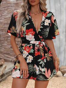 Breezaya 大码女式黑色热带植物印花荷叶袖休闲连体裤，腰部系带，宽松飘逸舒适，热带风情连体裤，夏季度假装，沙滩度假装，碎花连体裤，女士度假连衣裙，可爱连体裤，女士连体裤，沙滩连体裤，热带度假连衣裙 - 彩色 - 查看 4