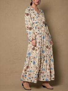 SHEIN LUNE 大码女士秋冬飘逸舒适修身印花长袖连衣裙，V领设计，适合冬季穿着，也可作为万圣节服装、娃娃款长裙、休闲外出服、教师装等。 - 彩色 - 查看 6