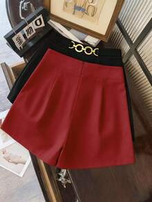 SHEIN LUNE Women's Solid Color Decorative Chain Elegant Shorts, Autumn Shorts Y2k High Waist Shorts Woman Women Short Pants - Red - View 2