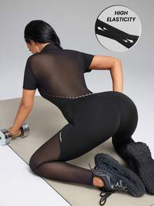 Innovista Figure-Hugging Black Knitted Cropped Jumpsuit For Women Featuring Short Sleeves Stand Collar And Sheer Back Panels - Black - View 11