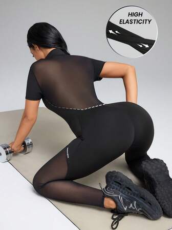 Innovista Dam enfärgad raglanklänning med kort ärm och dragkedja, knappslå, mesh-lappmönster, ridjumpsuit