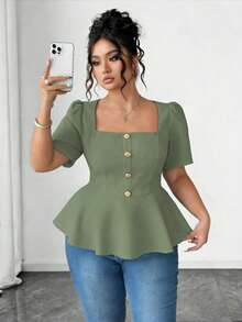 Elenzga Chic Plus Size Green Peplum Blouse With Square Neck Puff Sleeves And Ruffle Hem Casual Style - Green - View 4