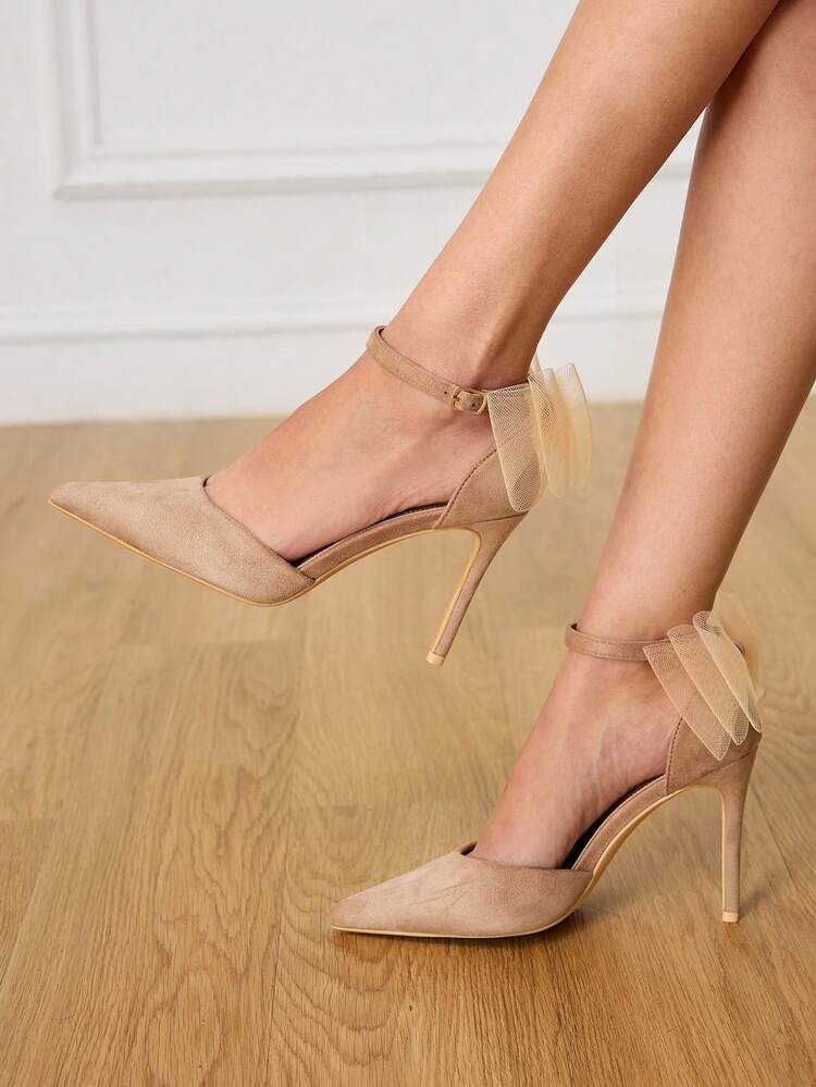 CUCCOO HITCHD Women's Pointed Toe Buckle Design Mesh Bow Decor Elegant High Heel Shoes