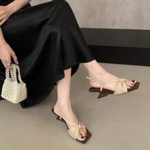 Zapatos de tacón de aguja con estampado de leopardo sensual de inspiración francesa, zapatos de tacón alto para mujer, sofisticado diseño con punta cuadrada y lazo, sandalias romanas para mujer, sandalias de tacón alto para mujer. - Albaricoque - Ver 7