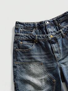 ROMWE MEN Street Life Men's Double-Layer Waistband Cargo Denim Shorts - Dark Wash - View 5