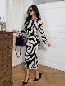 Ronhire Women Pattern Flared Sleeve Knitted Sweater Dress Fall Winter Cloth For Women - Apricot - View 6
