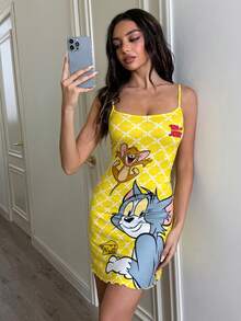 TOM & JERRY X SHEIN 女式卡通图案夏季吊带连衣裙 - 黃色 - 查看 4