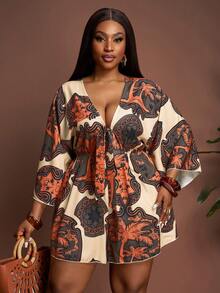 Veslaya 大码女式假日休闲V领宽松印花连体裤，配系带腰带 - 彩色 - 查看 6