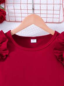 Tween Girl Spring/Autumn Party Banquet Round Neck Layered Ruffle Trim Long Sleeve T-Shirt And Faux Pearl Decor Skort Set - Burgundy - View 3