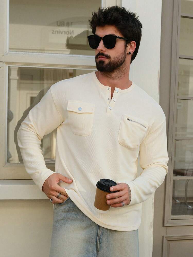 Men's White Crew Neck Half-Zip Pocket Design T-Shirt, Spring/Autumn