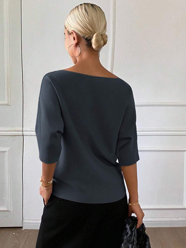 Women's Solid Color Fitted Boat Neck Half Sleeve Casual Elegant Knit Top, Autumn/Winter